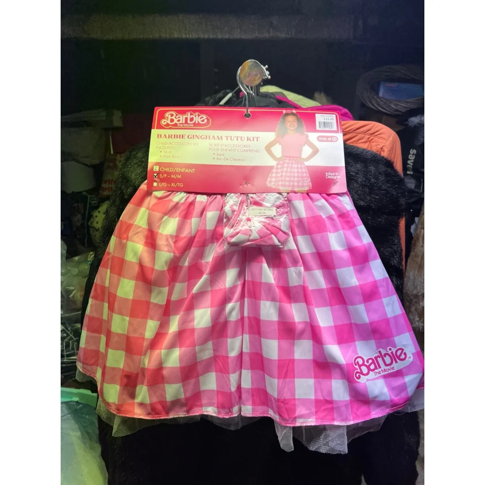 Girls Barbie Pink Gingham Tutu Skirt & Bow Halloween Dress Up Costume NEW
